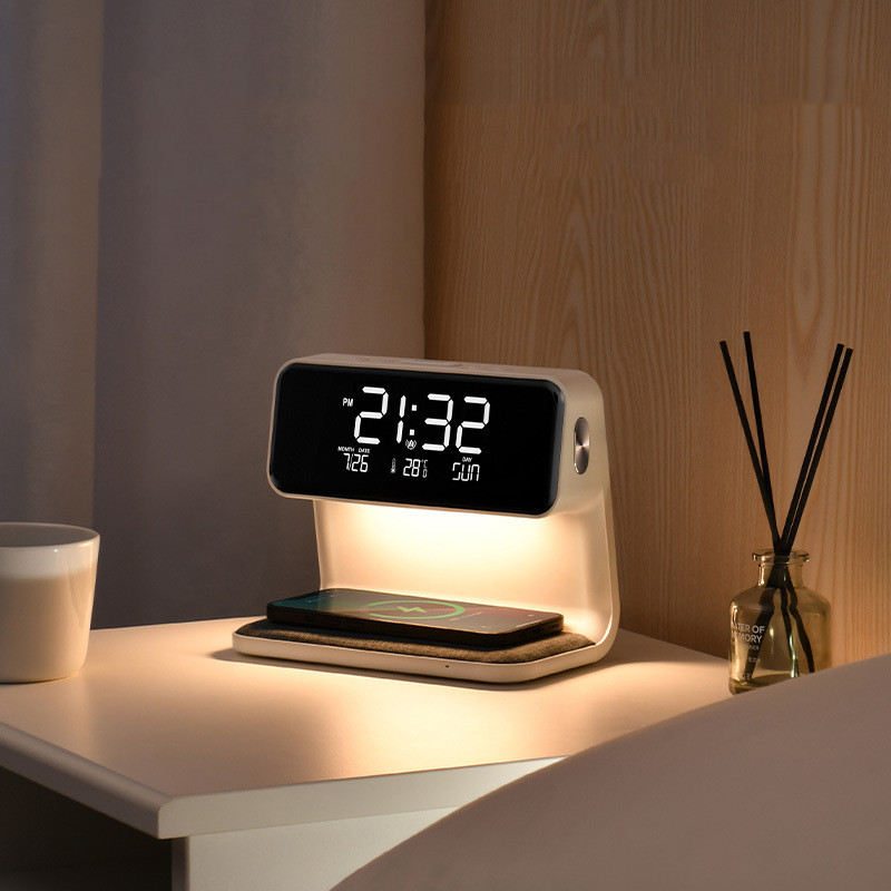 Lampe de chevet avec chargeur sans fil et réveil, blanche – Image 2