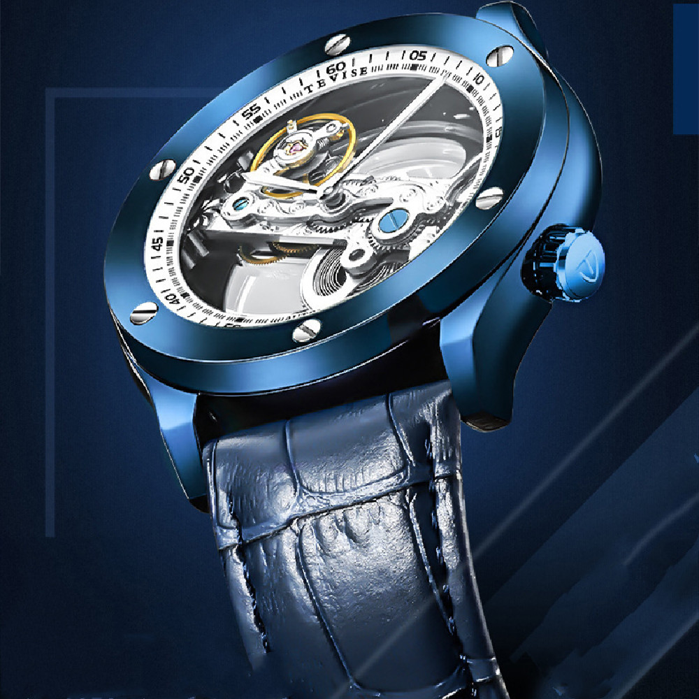 Montre mécanique homme bracelet cuir, noire – Image 2