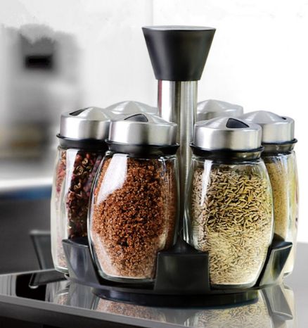 Spice rack with six glass jars