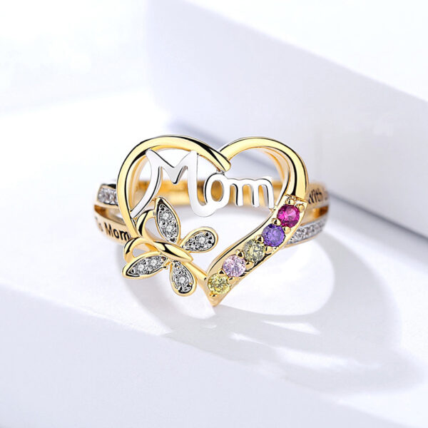 Hollow heart Love Mom ring with butterfly, gold colour