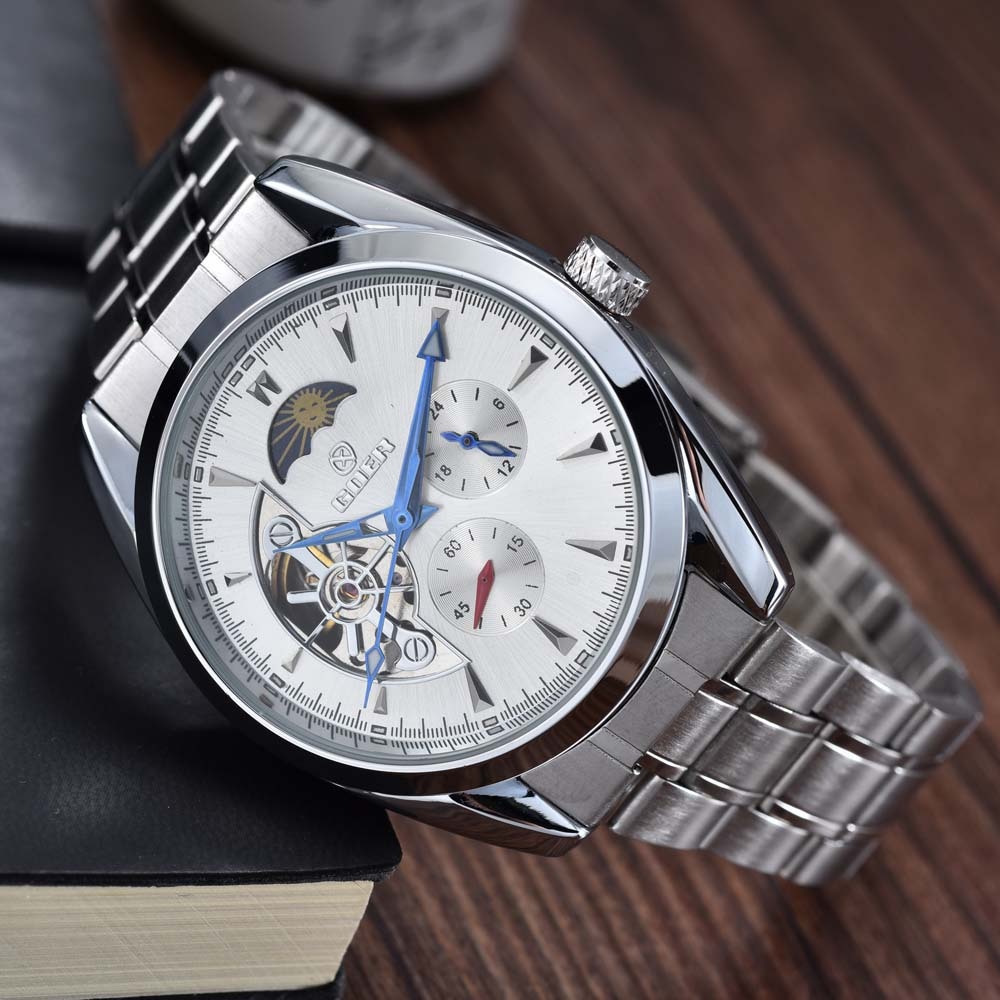 Relógio automático de homem com bracelete de aço, branco - Image 4