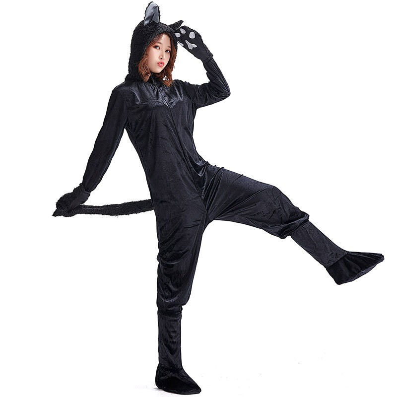 Schwarzer Katzen-Jumpsuit mit Ohren und Schwanz, Erwachsene – Bild 3
