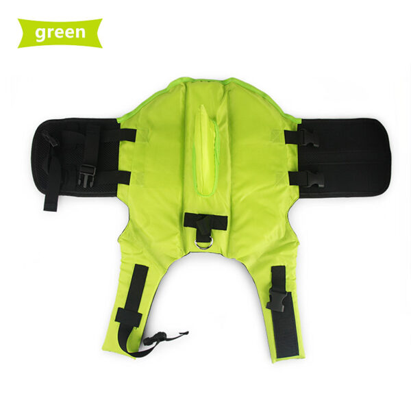 Dog swim vest with shark motif, green