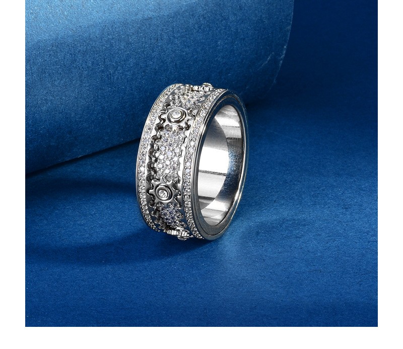 Anillo giratorio de engranaje con piedras, color oro blanco - Imagen 2