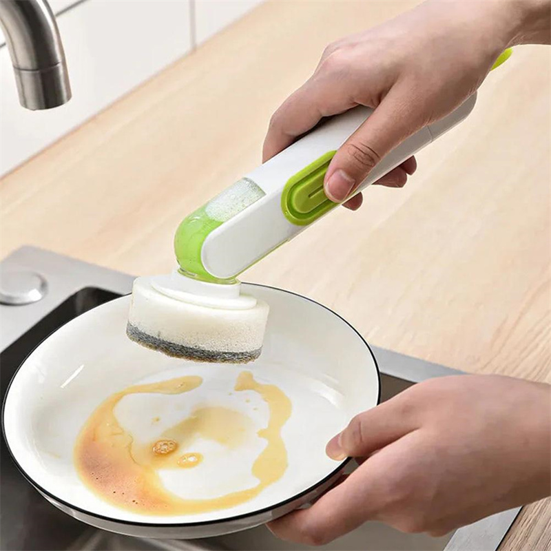 Dish brush with soap dispenser and 2 heads, white and green - Image 2