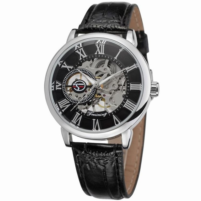 Skeleton watch with open dial and leather strap, black and silver