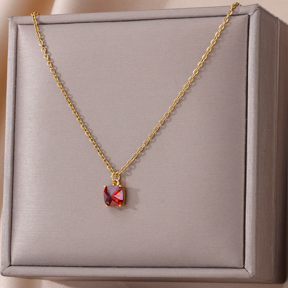 Colar com pedra quadrada vermelha, dourado - Image 2