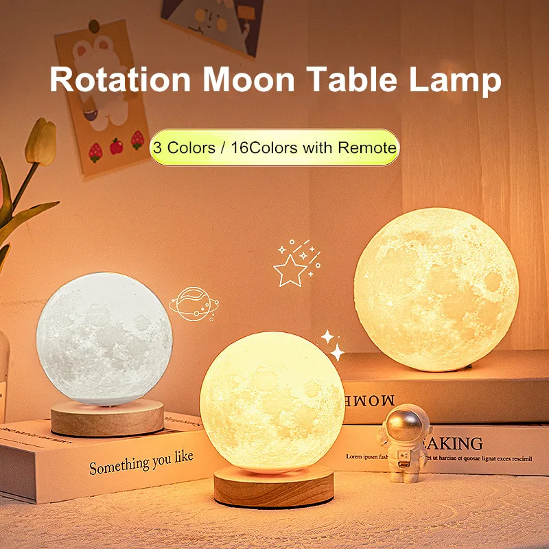 Lampe lune tournante sur socle en bois, trois couleurs – Image 3