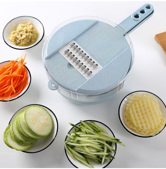 8-in-1 vegetable slicer with container and strainer, blue