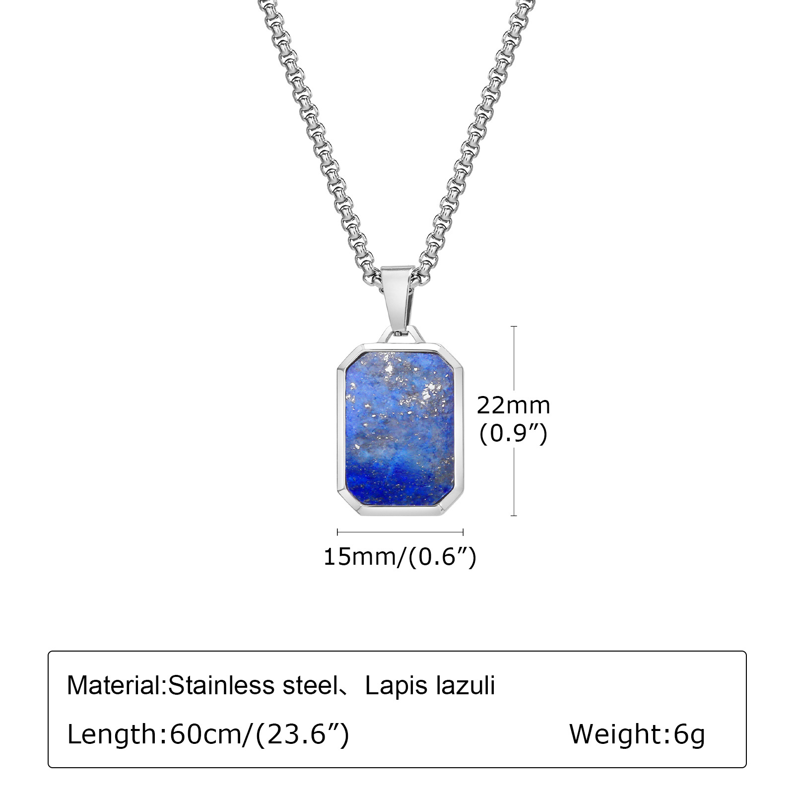 Collar de acero con colgante rectangular y piedra azul
