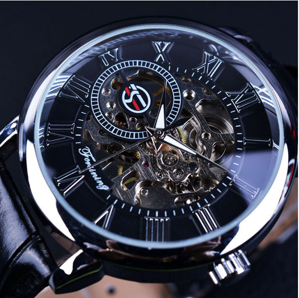 Skeleton watch with open dial and leather strap, black and silver - Image 2