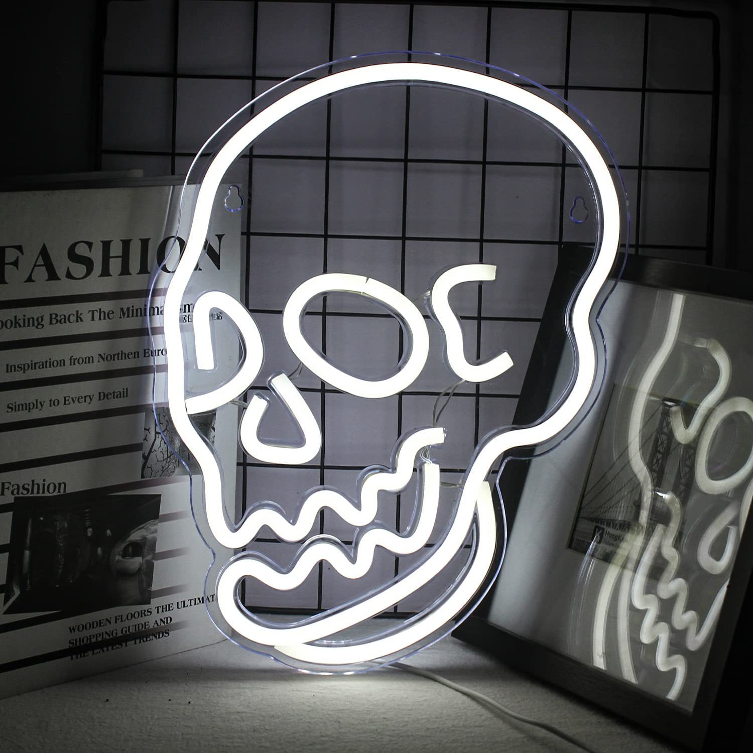 Néon tête de mort pour Halloween, blanc froid