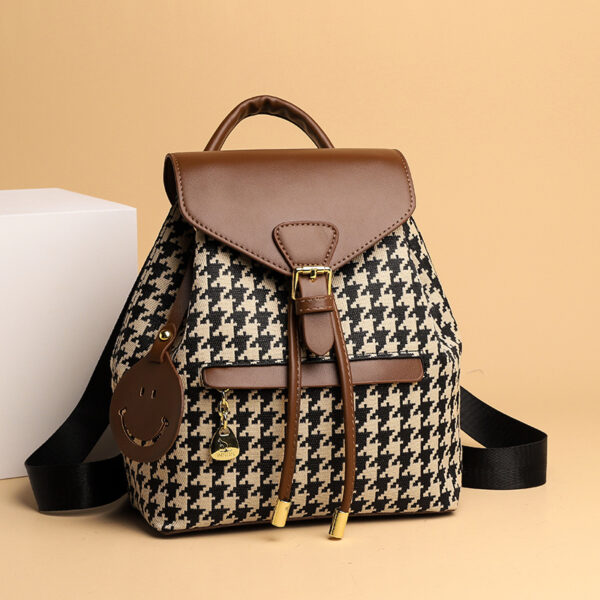 Houndstooth backpack, black and beige with brown trim