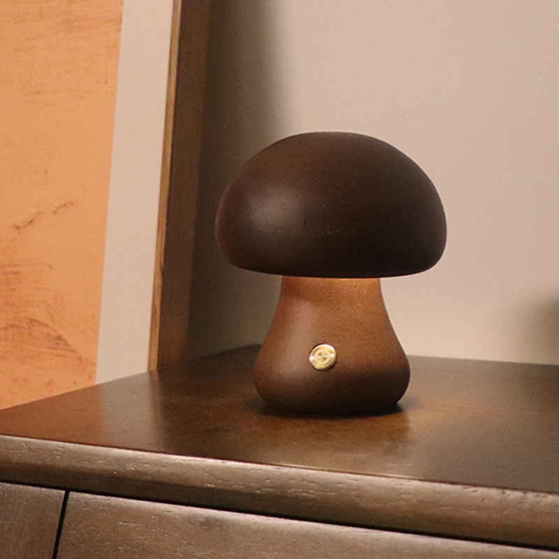 Wooden mushroom night light with touch switch, walnut