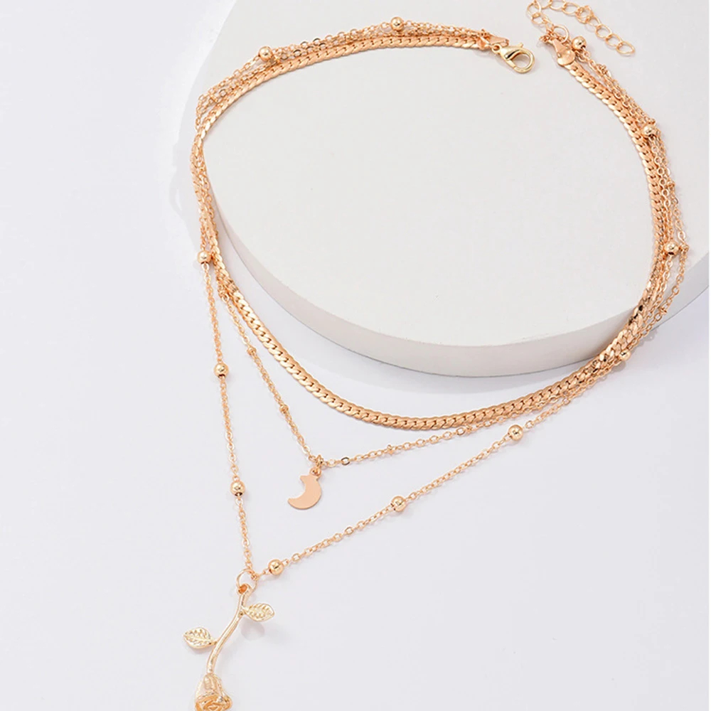 Collier multirang à lune et rose, doré – Image 3