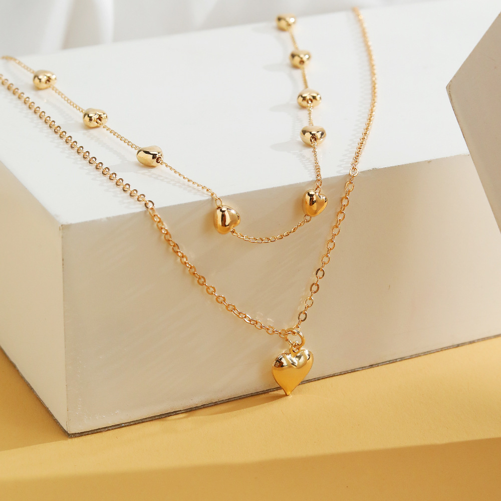 Colar duplo com pendente de coração, dourado - Image 3