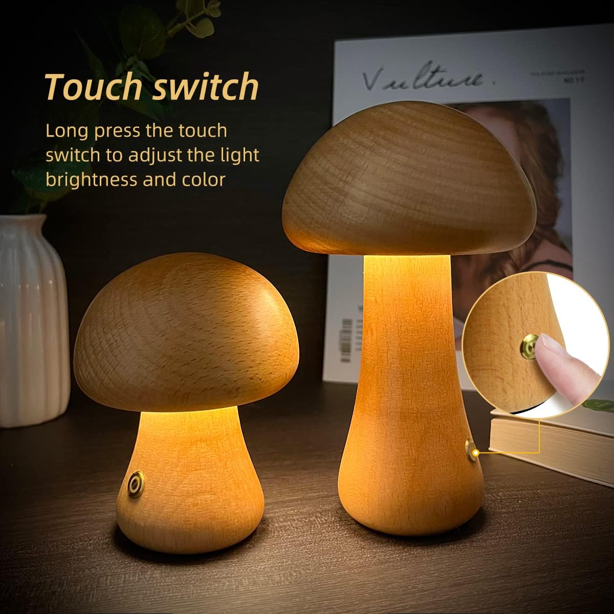 Wooden mushroom night light with touch switch, walnut - Image 3