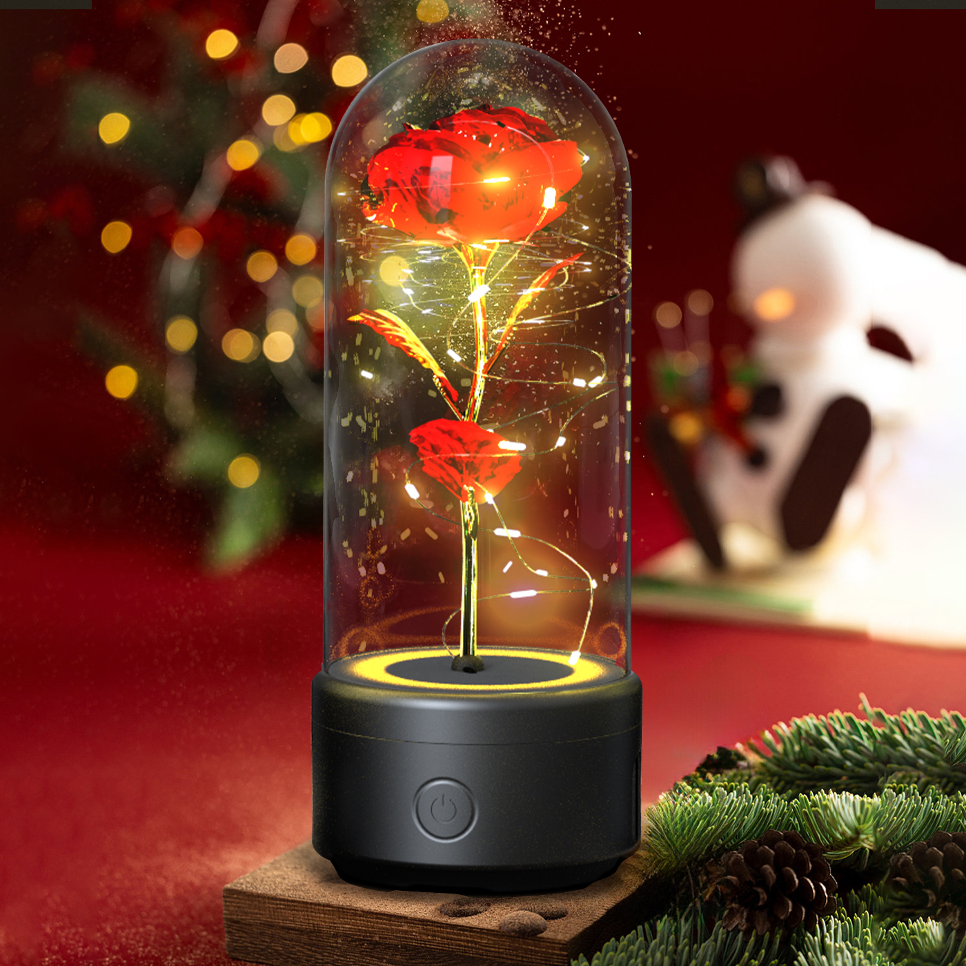 Rose in glass dome with light and speaker, red