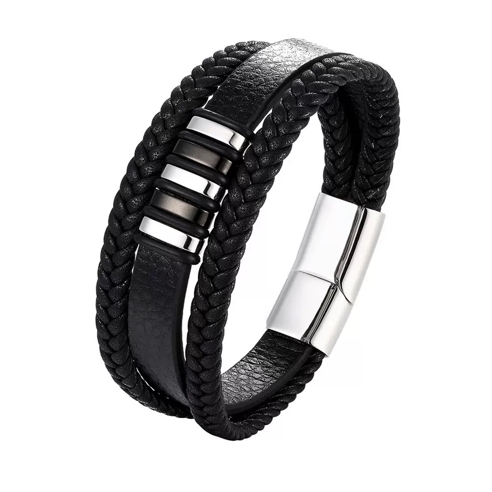 Mehrreihiges geflochtenes Herrenarmband, silberfarben – Bild 2