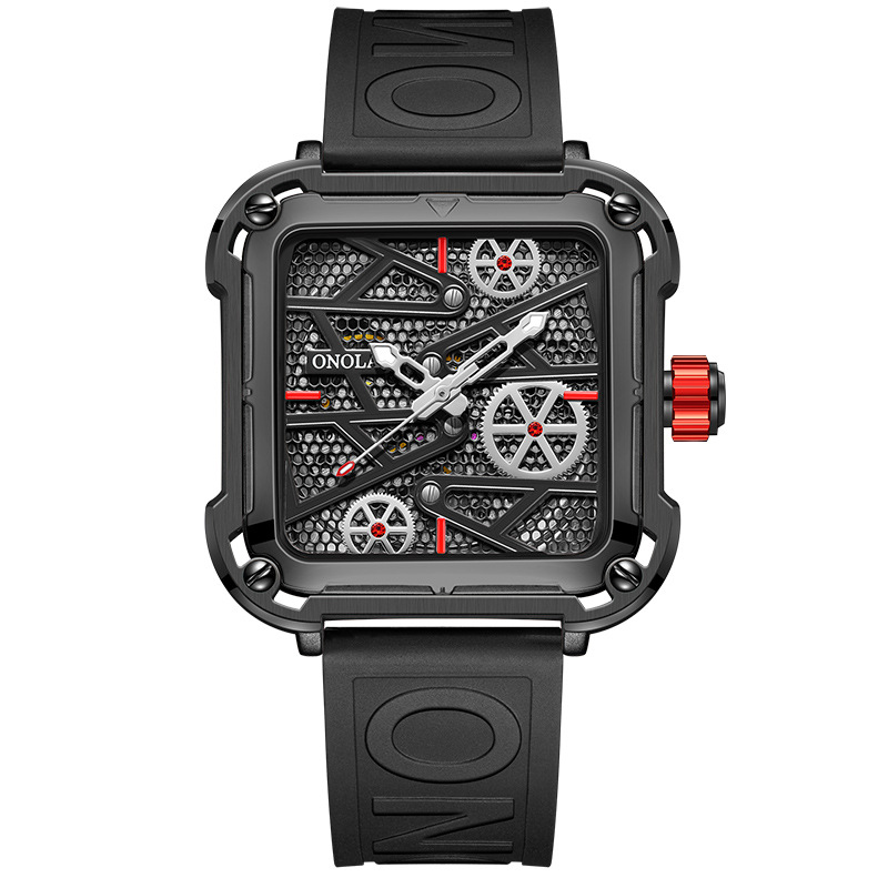 Automatic men's watch with skeleton dial, black