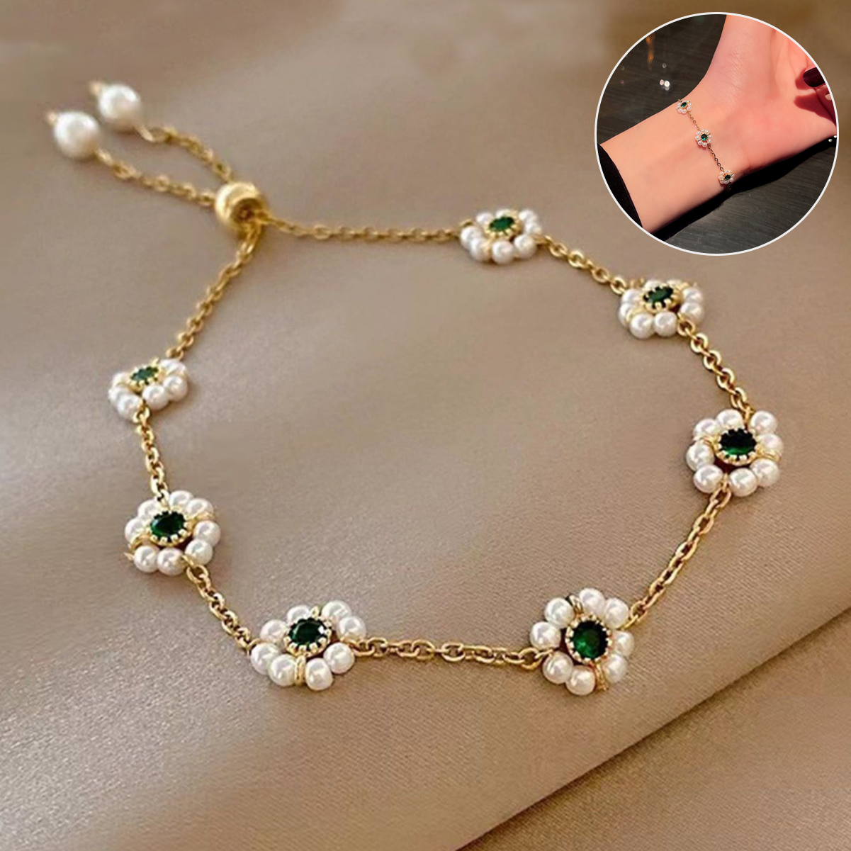 Armband mit Perlen und Blüten, weiß – Bild 2