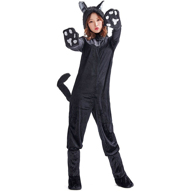 Schwarzer Katzen-Jumpsuit mit Ohren und Schwanz, Erwachsene