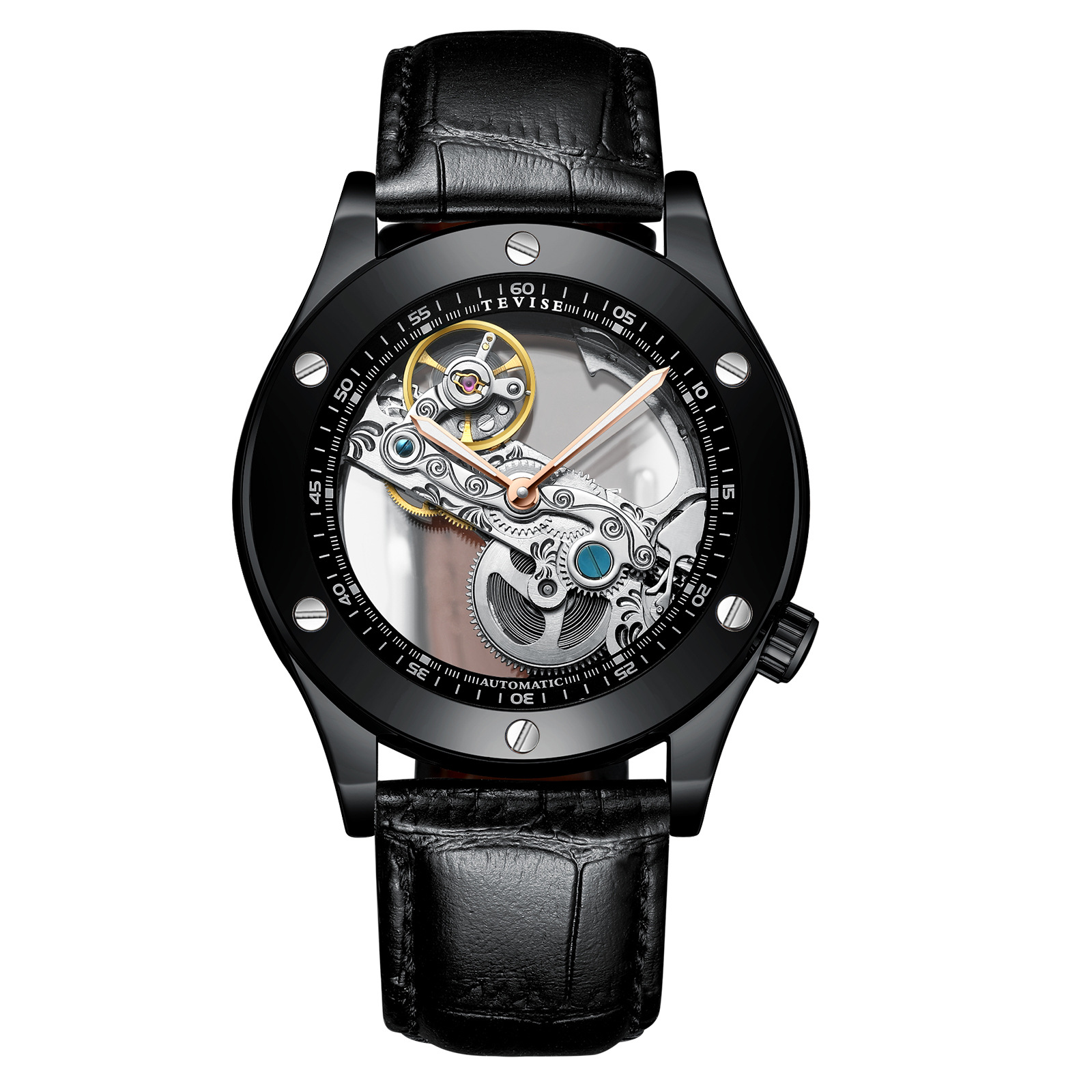 Montre mécanique homme bracelet cuir, noire