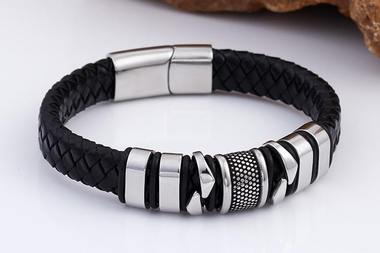 Pulsera trenzada de hombre en cuero y acero, negra - Imagen 3