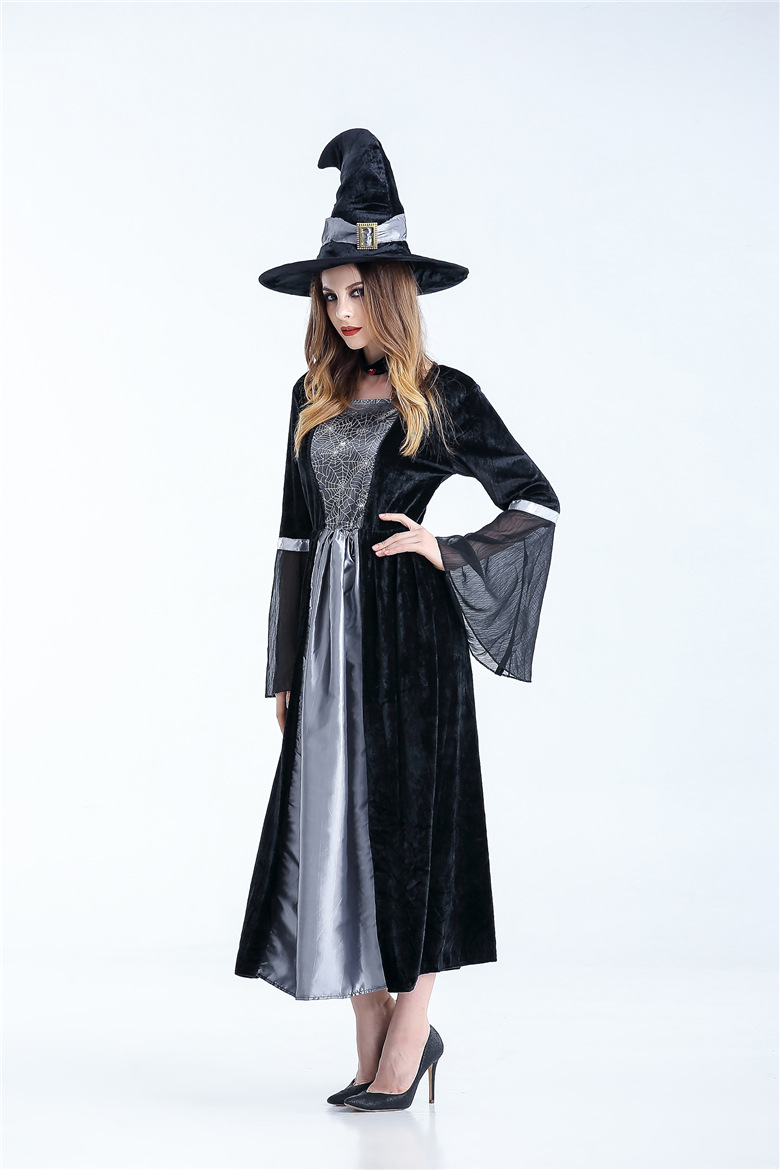 Vestido de bruxa cinzento e preto com chapéu para senhora