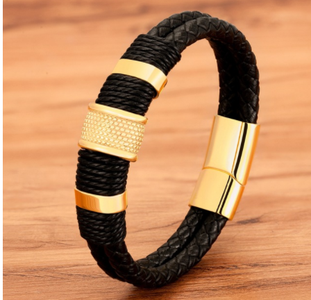 Bracelet homme en cuir tressé multicouche, or