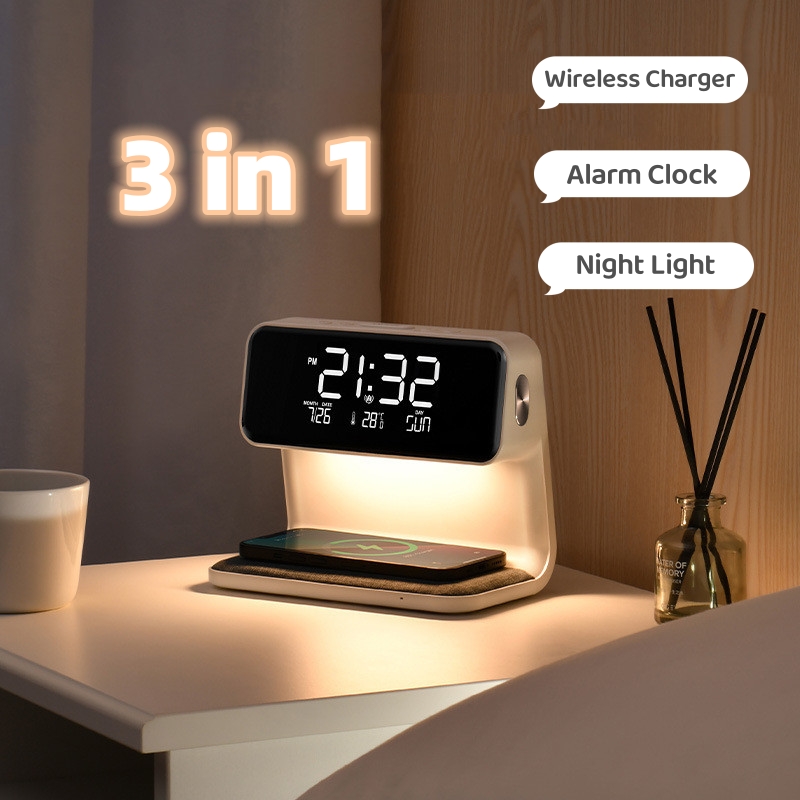 Lampe de chevet avec chargeur sans fil et réveil, blanche – Image 5