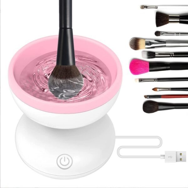 Limpiador eléctrico de brochas de maquillaje, blanco y rosa