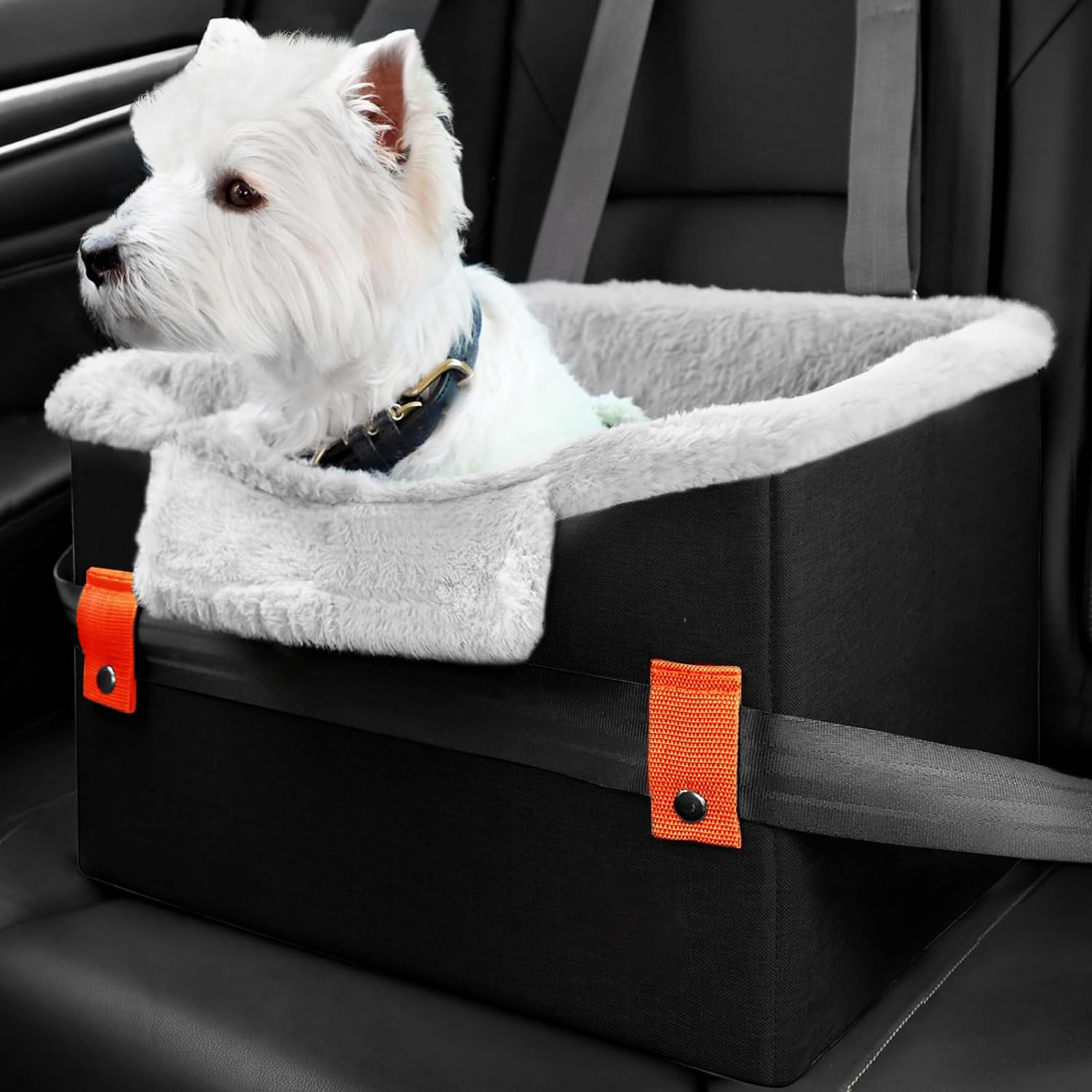 Car seat for small dogs with safety leash, orange