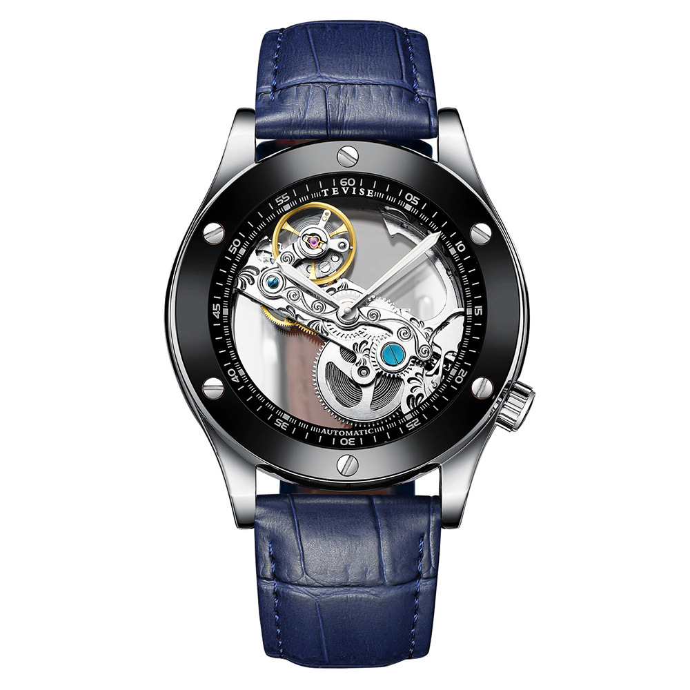 Montre mécanique homme bracelet cuir, noire – Image 4