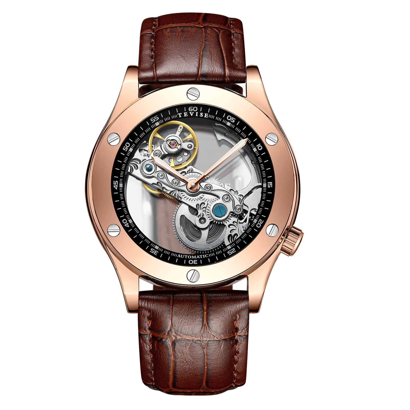 Montre mécanique homme bracelet cuir, noire – Image 5