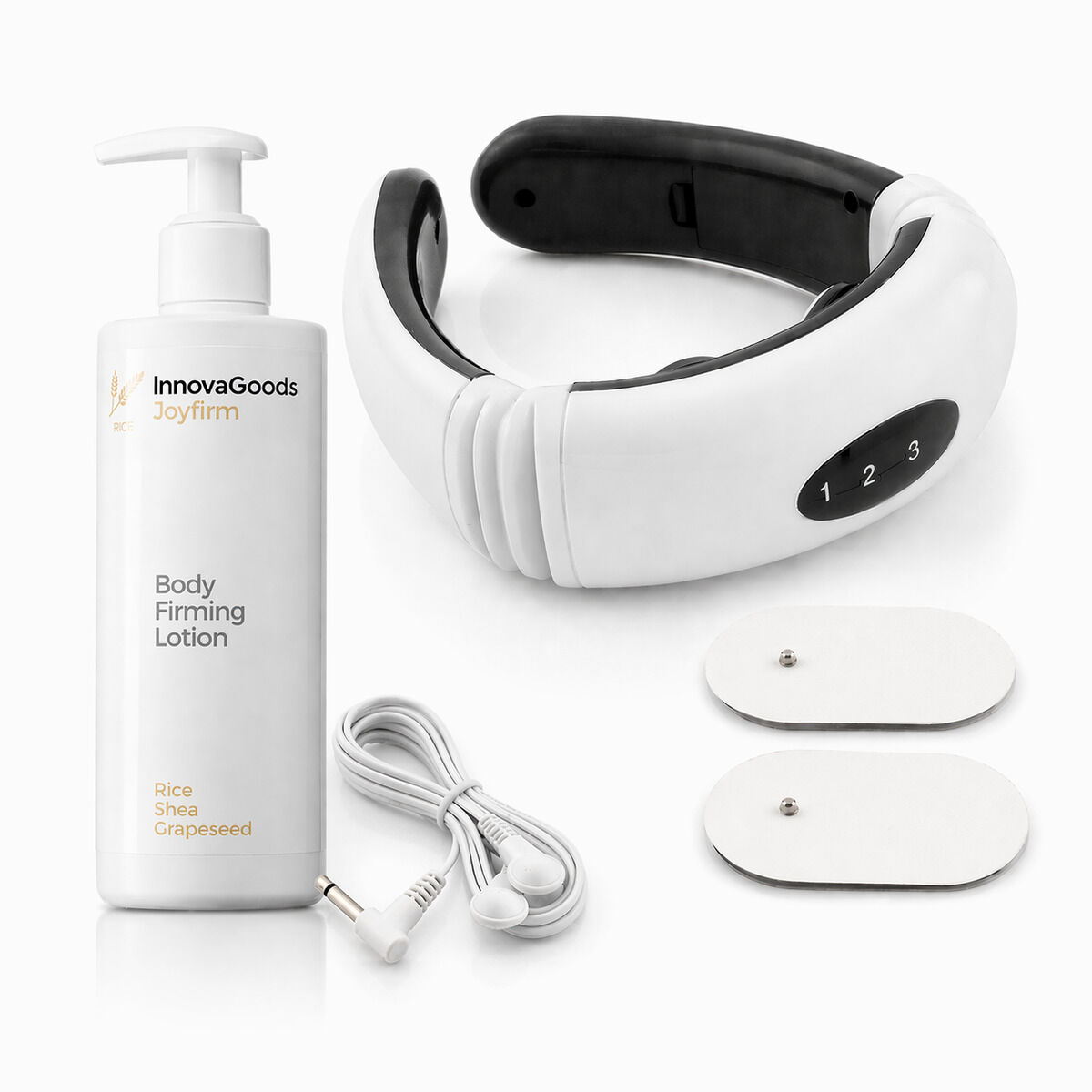 Pack Electromagnetic Neck and Back Massager and Firming Body Lotion Rice Joyfirm 250 ml InnovaGoods