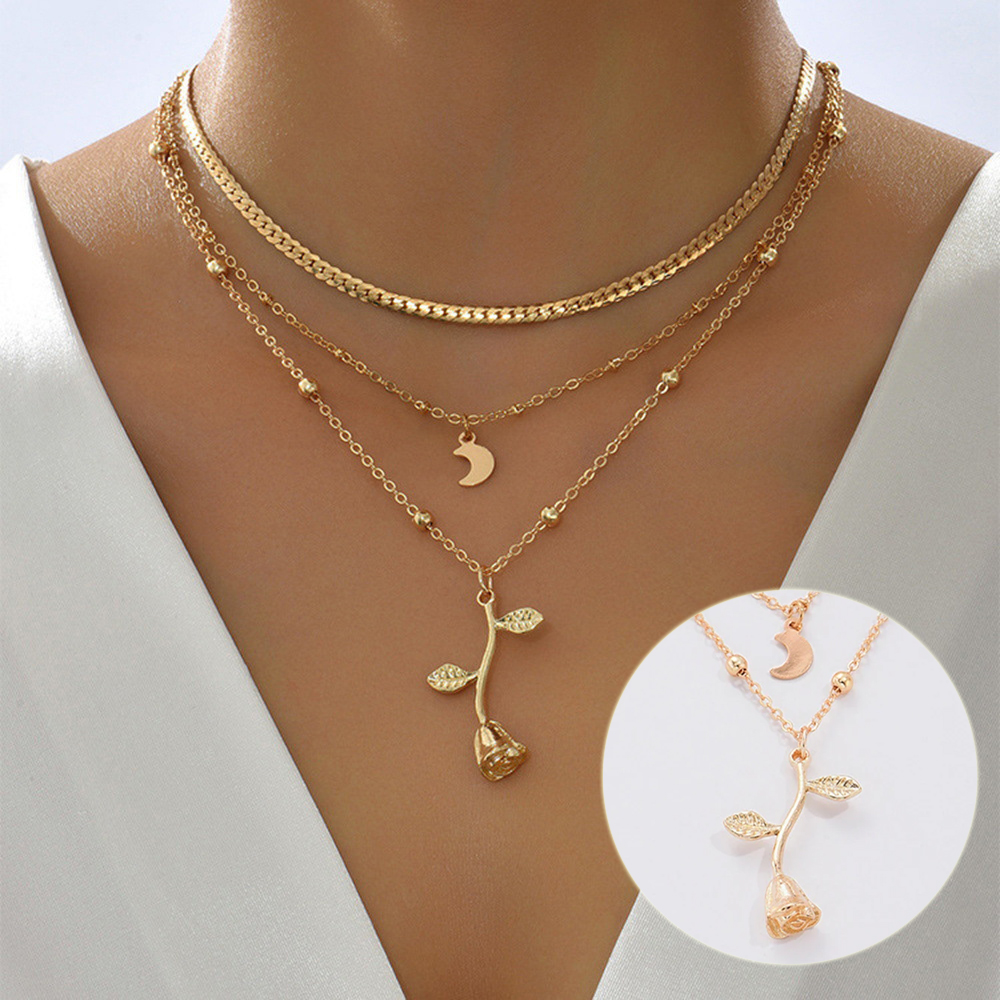 Collier multirang à lune et rose, doré – Image 6