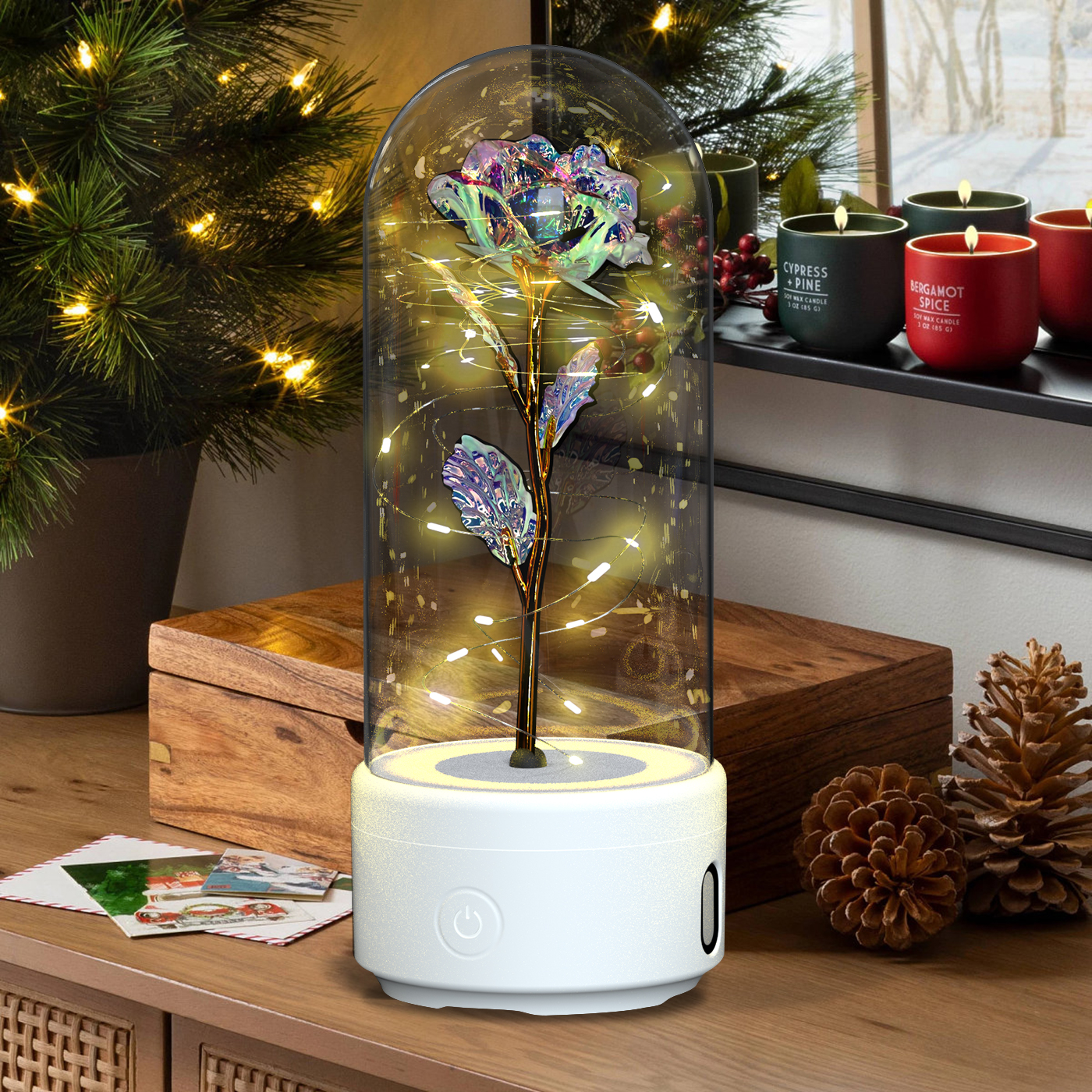 Rose in glass dome with light and speaker, red - Image 7