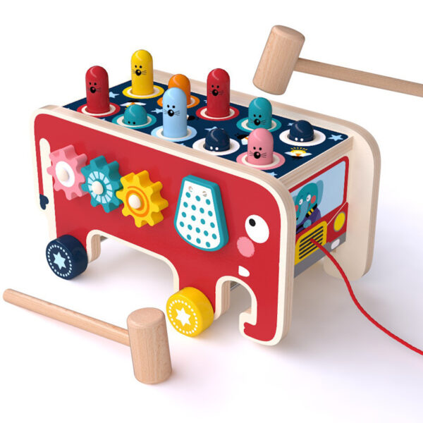 Wooden pull along cart with animals, red