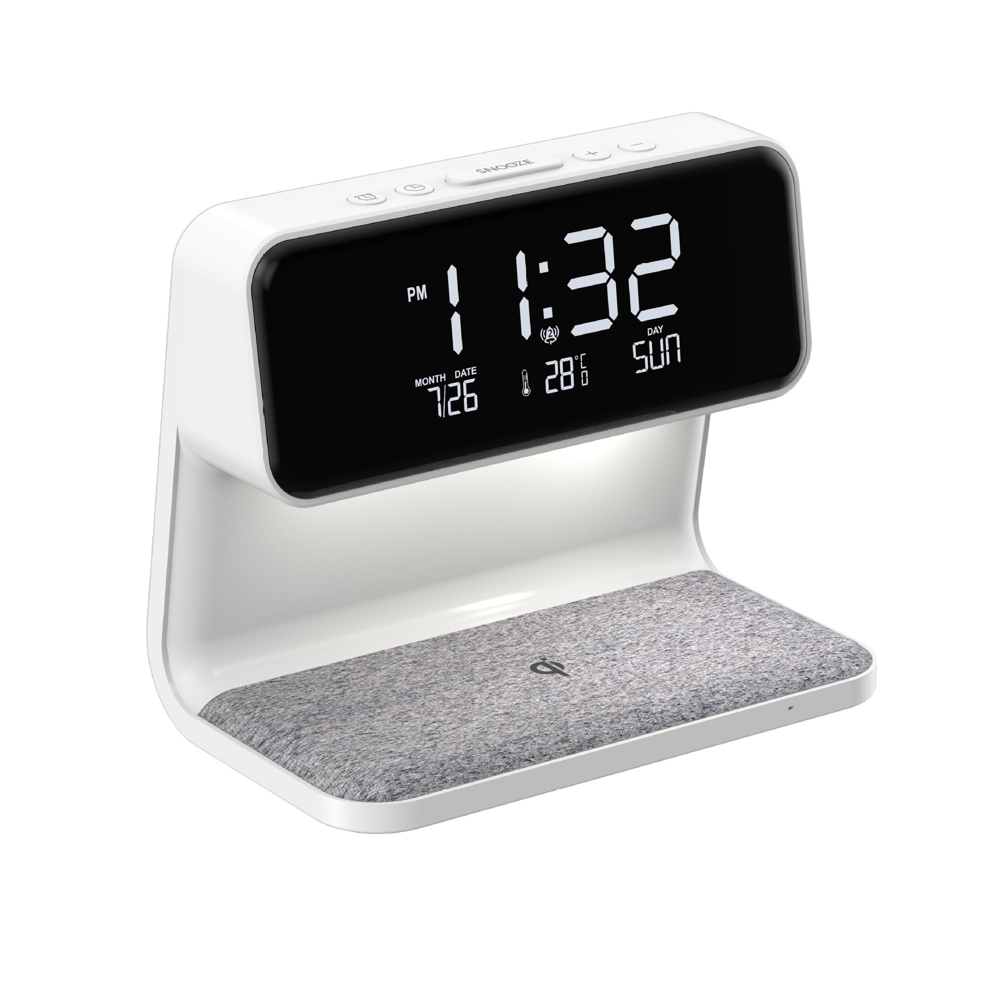 Lampe de chevet avec chargeur sans fil et réveil, blanche