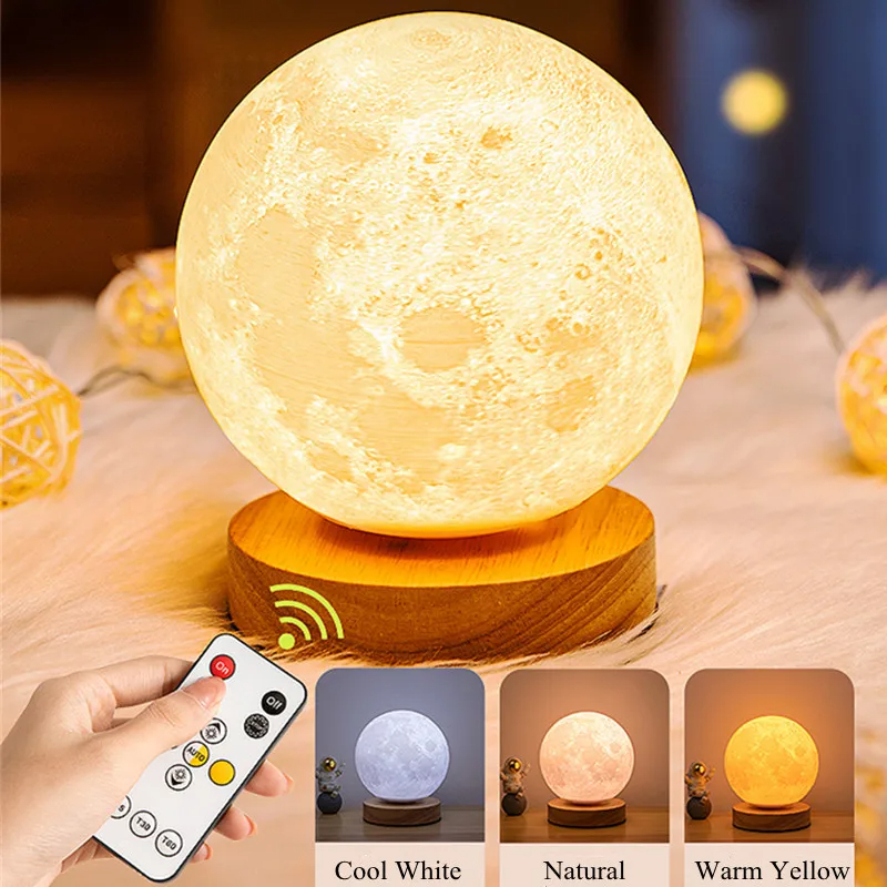 Lampe lune tournante sur socle en bois, trois couleurs – Image 6