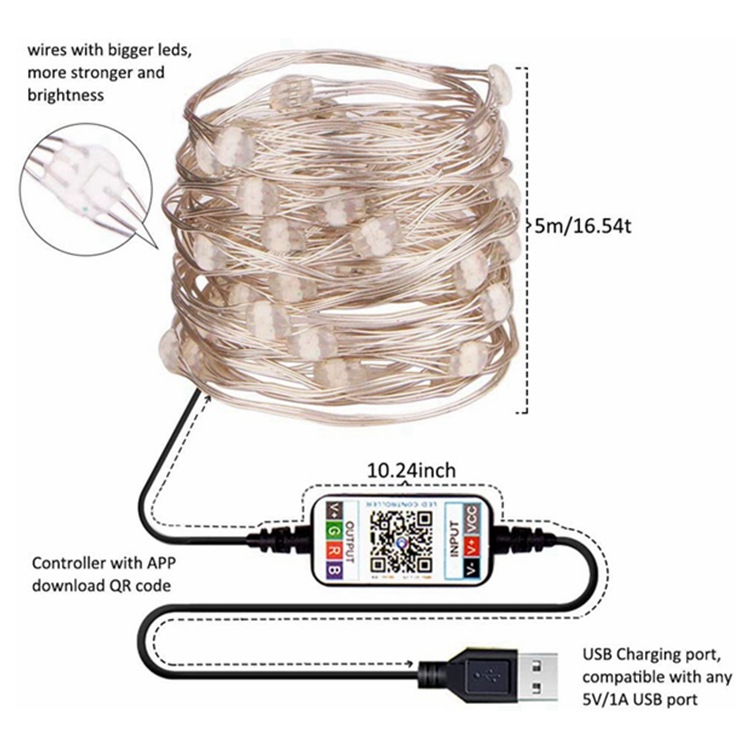 Copper wire string lights with app control, USB - Image 6
