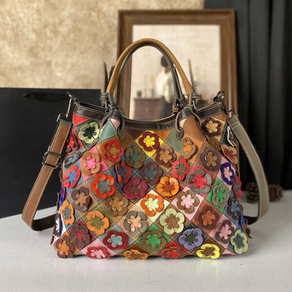 Floral leather shoulder bag with drawstring
