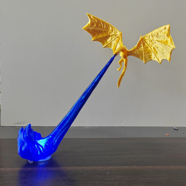 Lampe dragon pour étagère, dore avec flamme bleue