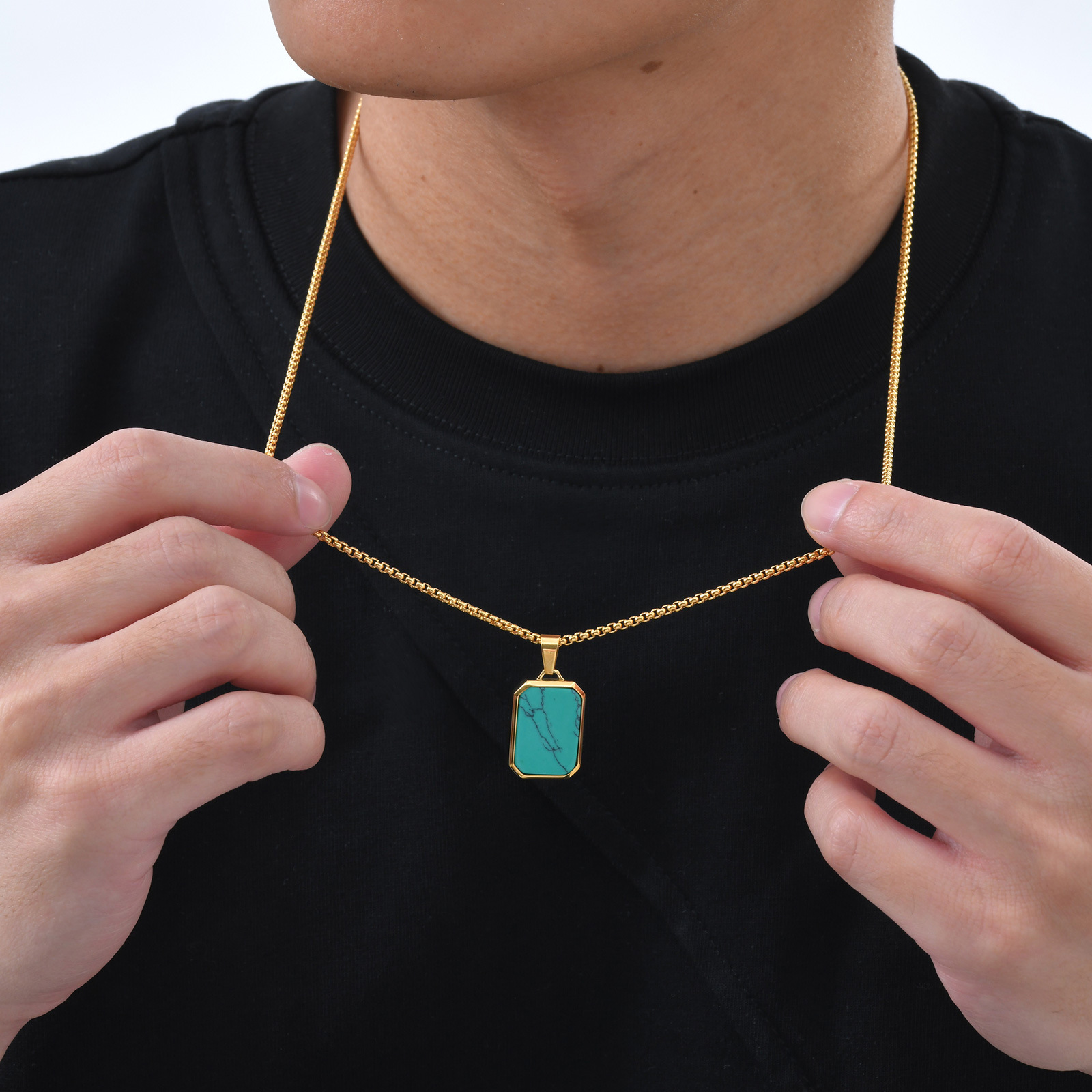 Collar de acero con colgante rectangular y piedra azul - Imagen 3