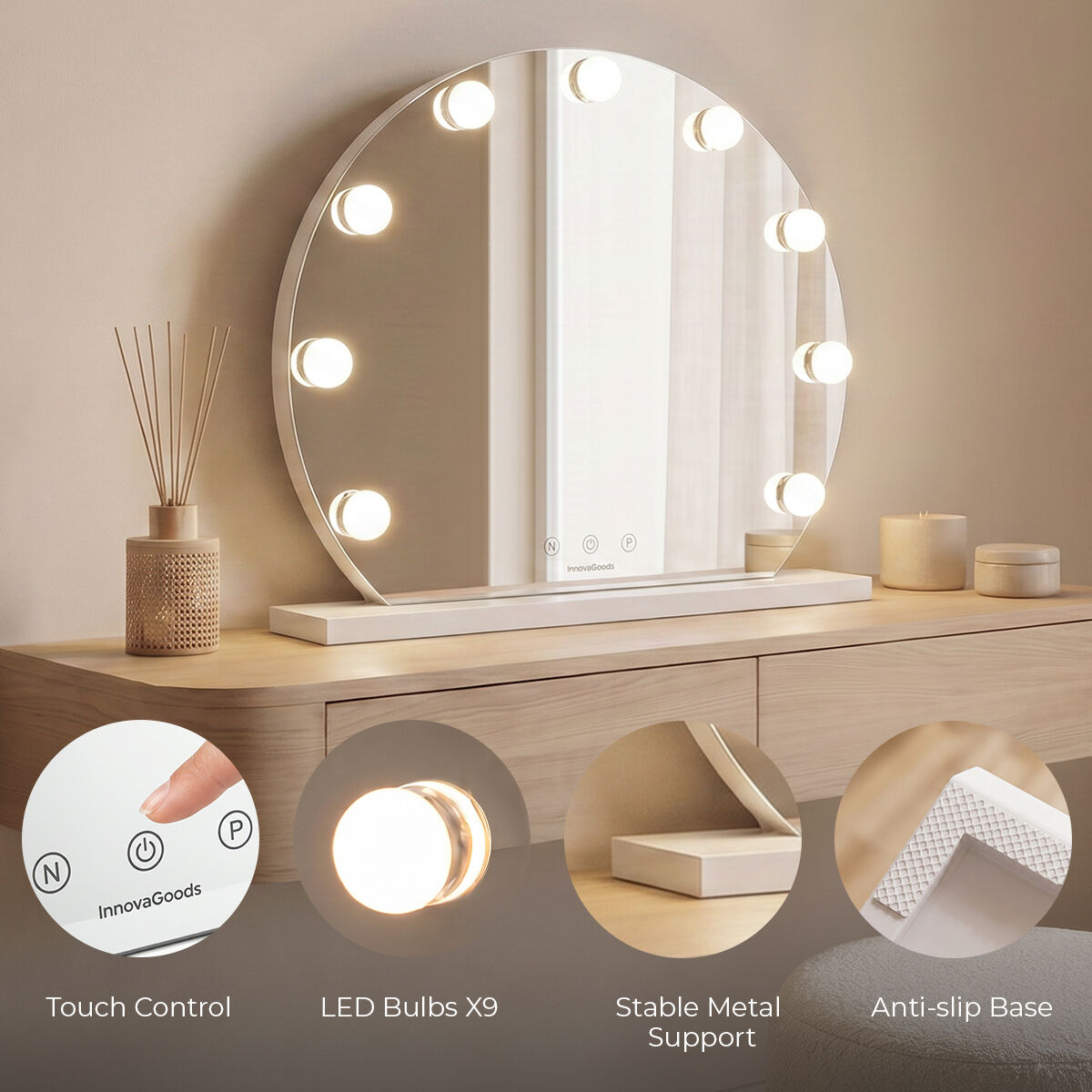 Runder Schminkspiegel mit LED Hollywood Gloette InnovaGoods 9 Glühbirnen – Bild 5