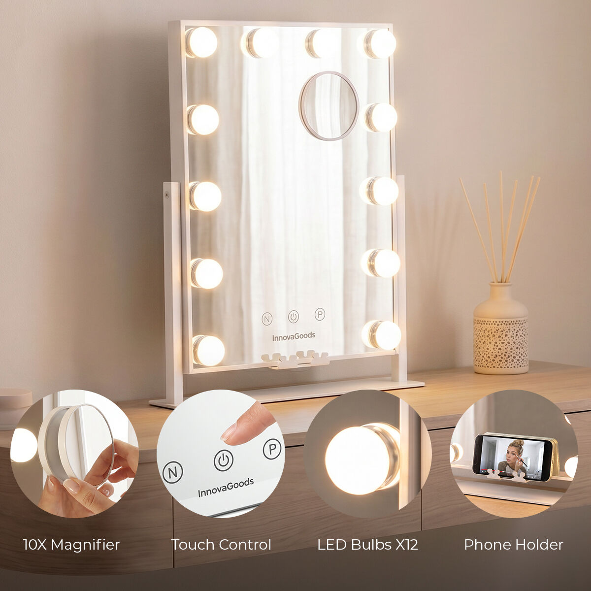 Espejo de Tocador Inclinable con LED Hollywood Glarisse InnovaGoods 12 Bombillas - Imagen 6